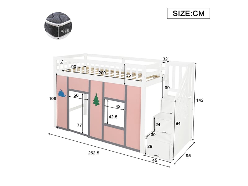  Lit mi-hauteur enfant 90x200 cm, escalier avec rangement, espace de jeu, led, garde-corps, motifs décoratifs, pin et mdf, blanc et rose Radiant Stride - Conforama C