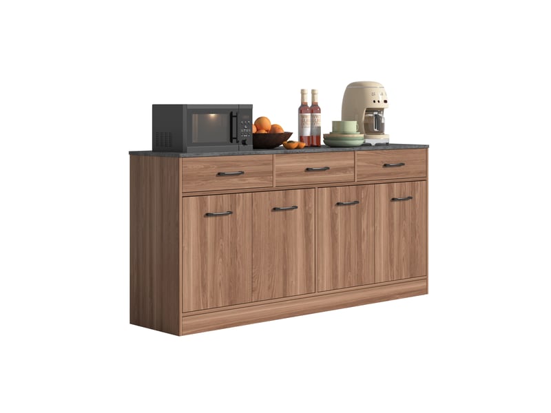  Buffet cuisine moderne avec 3 tiroirs et étagères réglables, design effet béton et noyer, 160x37x76,5 cm  - Conforama E
