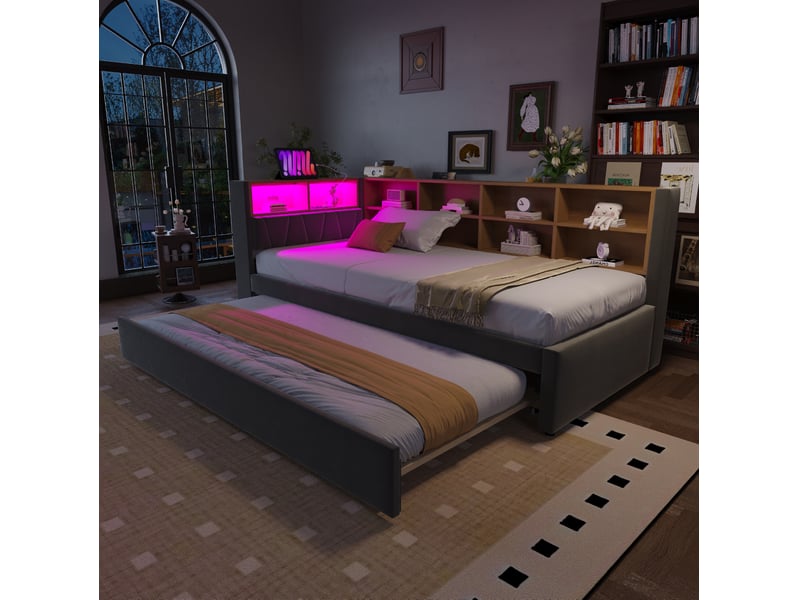 Lit enfant gigogne 90 x 200 cm + 90 x 190 cm led usb-c et prise secteur multiple flanelle gris foncé sans matelas - Conforama D