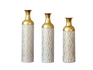 Lot de 3 vases de sol en métal doré et blanc, motif floral vintage, hauteurs 50, 66 et 83 cm pour décorer