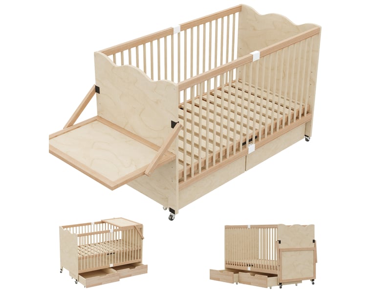  Lit bébé en bois massif 70x140 cm, lit bébé avec tiroirs et table à langer intégrée, pin naturel  - Conforama A