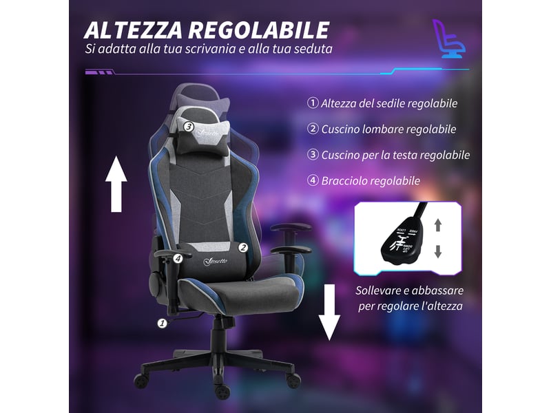 Fauteuil de jeu inclinable à 150° avec fonction bascule, revêtement en tissu effet lin, 66 x 53 x 128-138 cm, gris - Conforama E