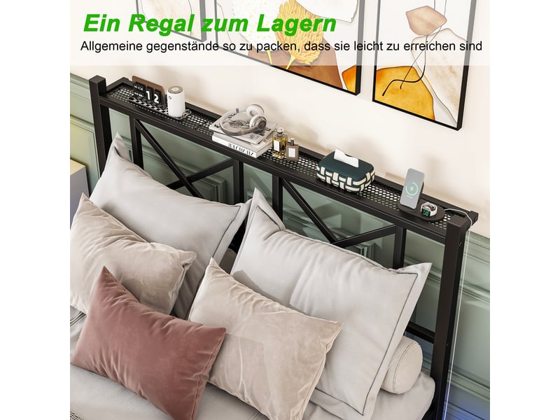  Lit double 140×200 cm avec tête de lit, led, étagère et ports usb - okmyhome- métal noir, sans matelas  - Conforama E