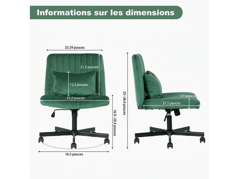  Chaise de bureau pivotante en tissu réglable en hauteur sans accoudoirs à roulettes silencieuses  - Conforama E