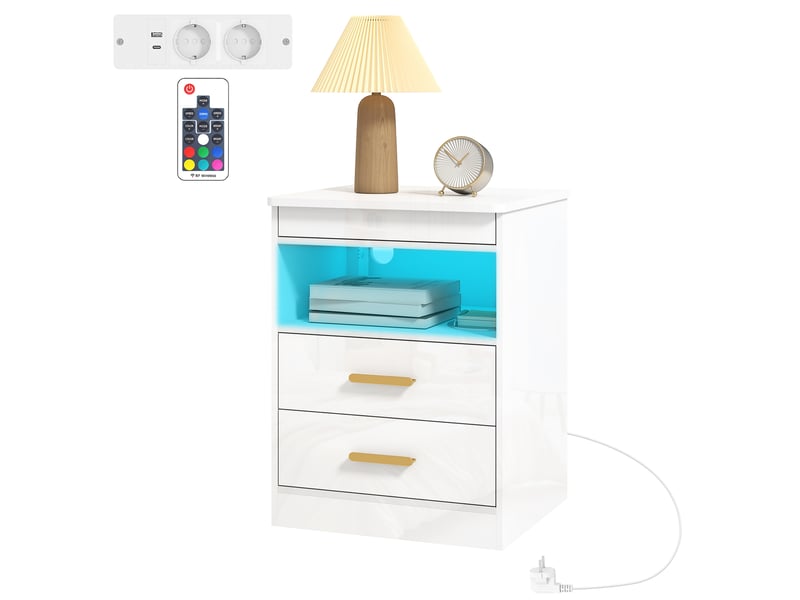  Table de chevet avec station de charge et éclairage led rgb, blanc brillant  - Conforama B