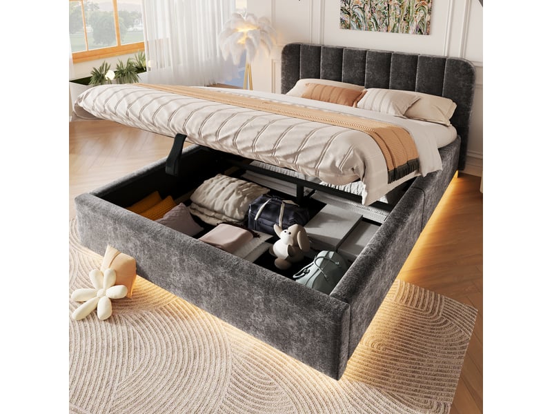  Lit coffre 140x200 cm anthracite, tissu chenille, sommier relevable hydraulique, led contrôlée par appli, sommier à lattes inclus  - Conforama B