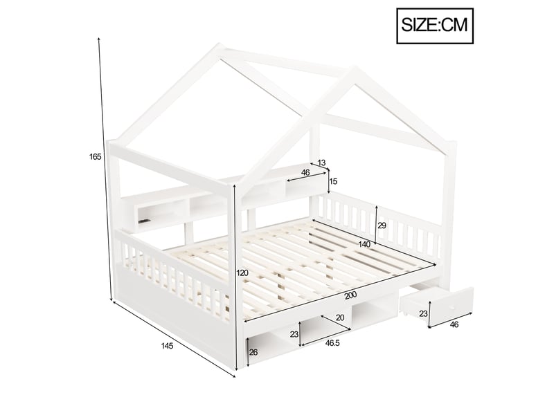  Lit cabane au sol 140x200cm avec toit, garde-corps, étagères, rangements, tiroirs, led, prise et sommier à lattes, bois, blanc evarich - Conforama C