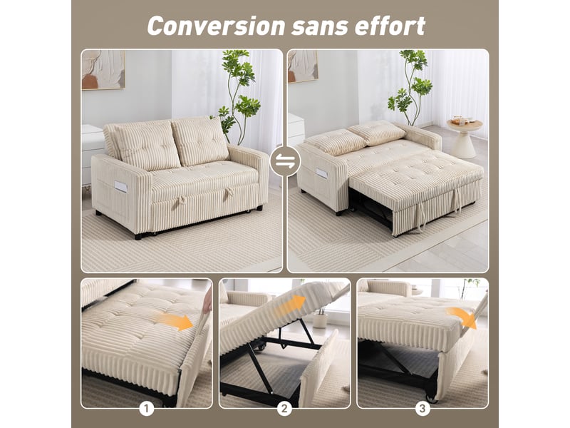  Canapé convertible 2 places canapé-lit en velours côtelé 157x190cm crème dossier réglable poches latérales et 2 coussins  - Conforama D