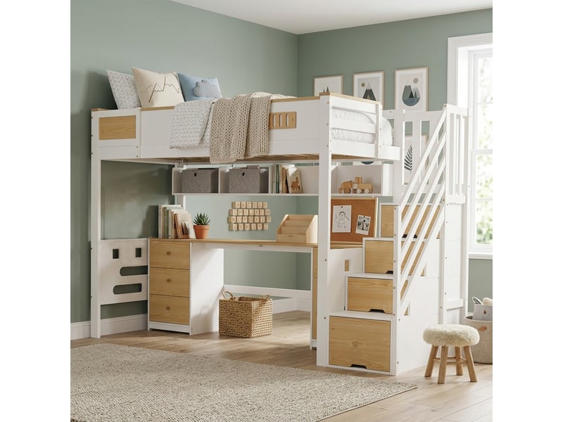  Lit mezzanine enfant 90x200 cm - avec bureau et tiroirs - escalier de rangement - bois massif + mdf - blanc + naturel (sans matelas)  - Conforama R