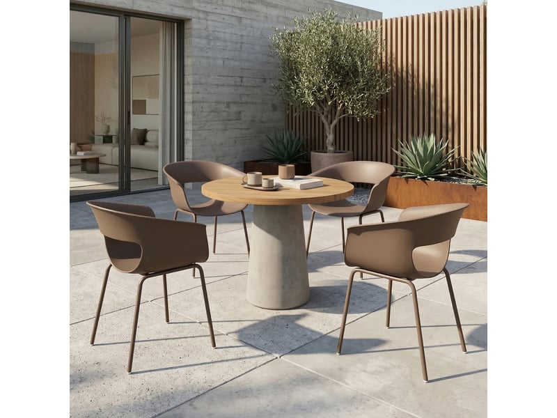 Ensemble de 4 chaises de jardin ergonomiques pour balcon, design ajouré, accoudoirs, résistantes aux intempéries et à la rouille, couleur café. - Conforama C