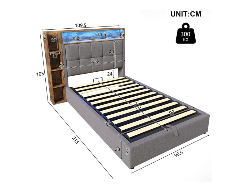 Lit coffre enfant 90x200cm style minimaliste rangement led tactile usb type-c tête capitonnée lin mdf gris sans matelas - Conforama C