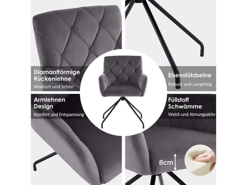  Chaises de salle à manger lot de 2 avec dossier ergonomique - lpospi - accoudoirs, pieds métal, velours - gris foncé  - Conforama E