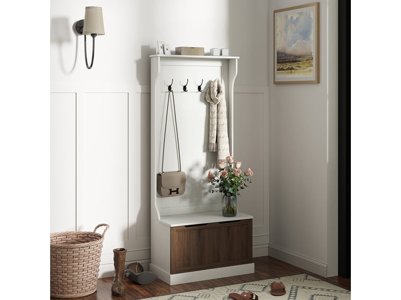Porte-manteau 3 en 1 avec 4 crochets et banc de rangement, en bois, 71,5 x 39,5 x 170 cm, blanc - Conforama C