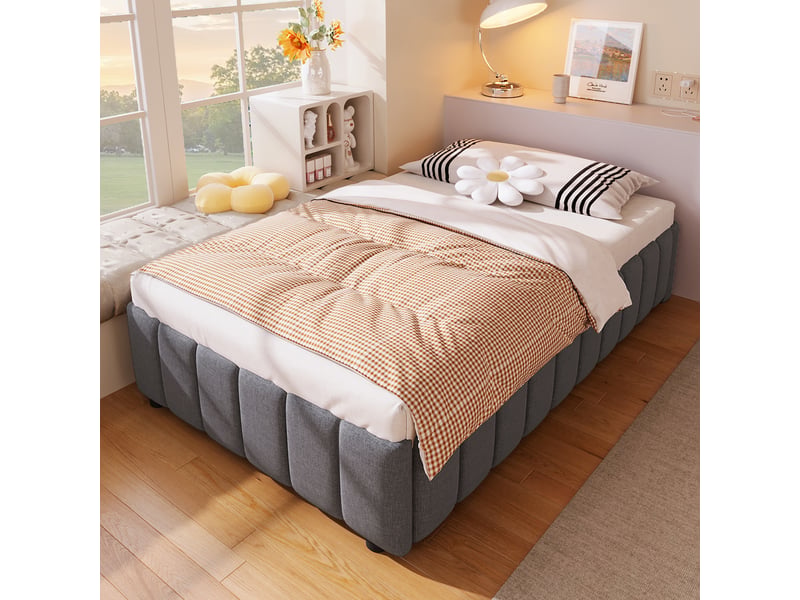  Sommier coffre enfant 90x200 cm avec rangement, mdf et lin, gris  - Conforama W