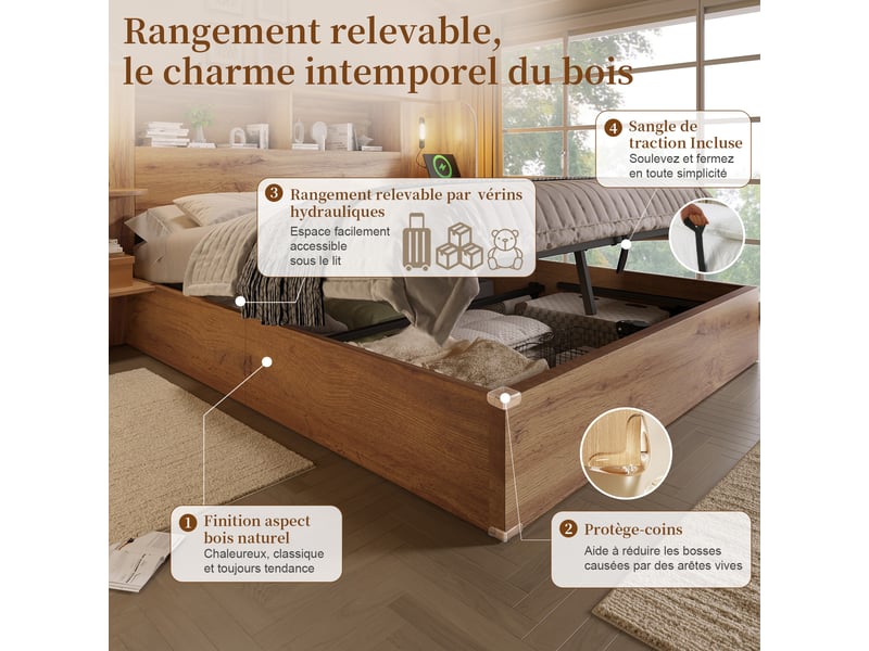  Lit double en bois 160x200 cm,lit coffre hydraulique avec rangement,étagères de tête de lit,éclairage led,port usb,sans matelas,chêne  - Conforama D