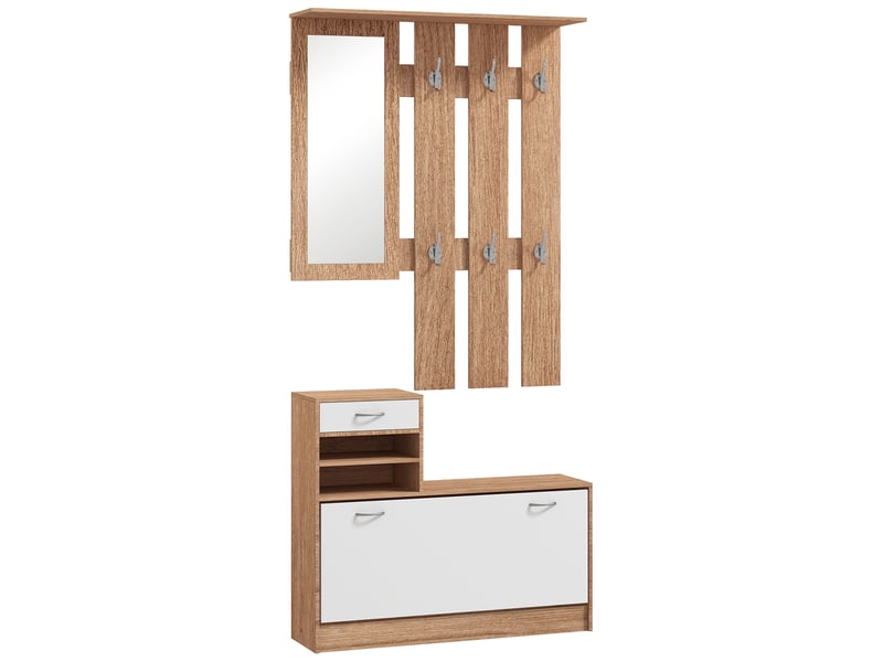  Porte-manteau 3 en 1 avec étagère à chaussures et miroir, crochets et tiroirs, en bois, 90 x 24 x 177 cm, blanc et noyer  - Conforama B