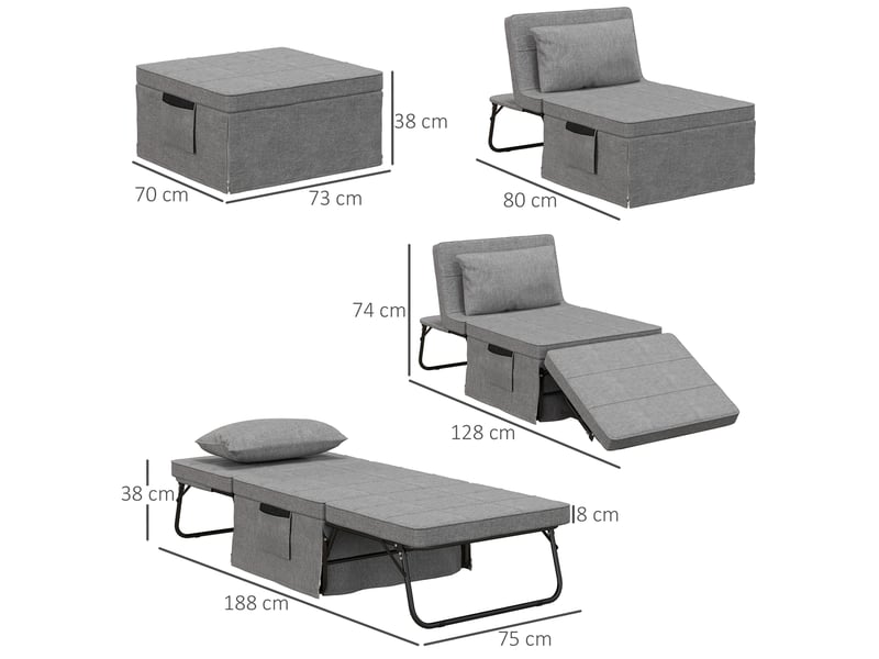  Lit pliant 4-en-1 188x75x38 cm avec dossier réglable sur 5 positions, structure en acier grise, sans matelas  - Conforama C