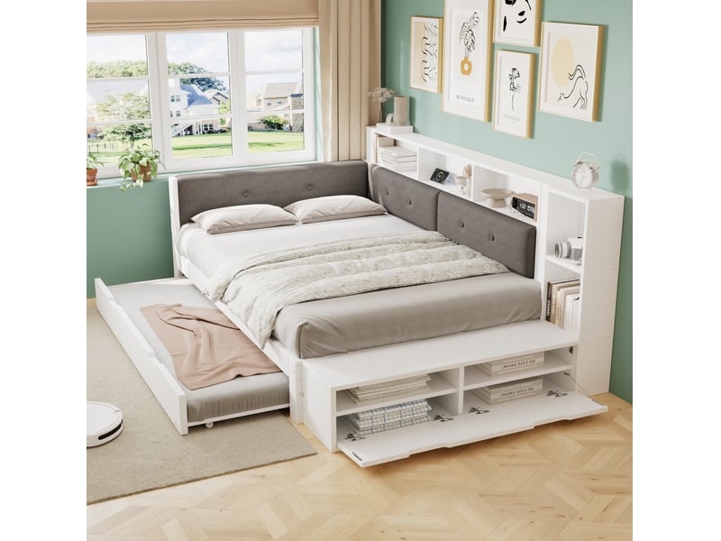  Lit gigogne, 120x200 cm, couchage gigogne, doté d’un espace de rangement, charge, bois et tissu, coloris blanc et gris  - Conforama D
