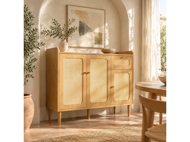  Buffet 3 portes et 1 tiroir 120 x 40 x 91 cm chêne clair avec façades en cannage  - Conforama B