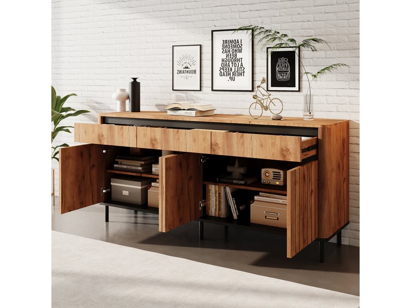  Buffet bas 160x40x73 cm,3 portes à lamelles,3 tiroirs,6 pieds en métal,bords arrondis,mdf effet chêne,salon salle à manger  - Conforama C