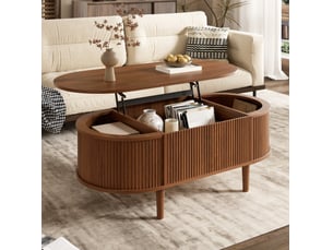 Table basse ovale relevable avec rangement, design ondulé, pour salon, en mdf et bois de pin, couleur noyer