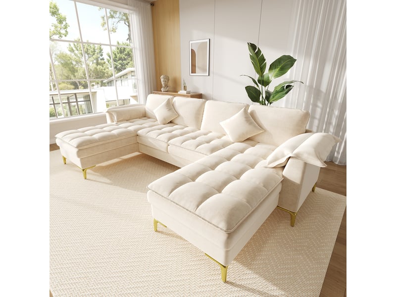 Canapé d'angle en u 4 places, canapé modulable en chenille beige, avec 2 méridiennes et pieds en métal doré pour salon, 262x134x86cm - Conforama D