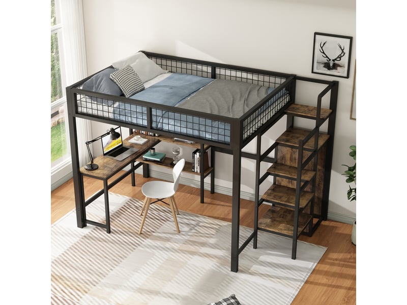 Lit mezzanine 140 x 200 cm avec bureau, armoire et étagères, métal et mdf, noir et marron, sans matelas - Conforama B