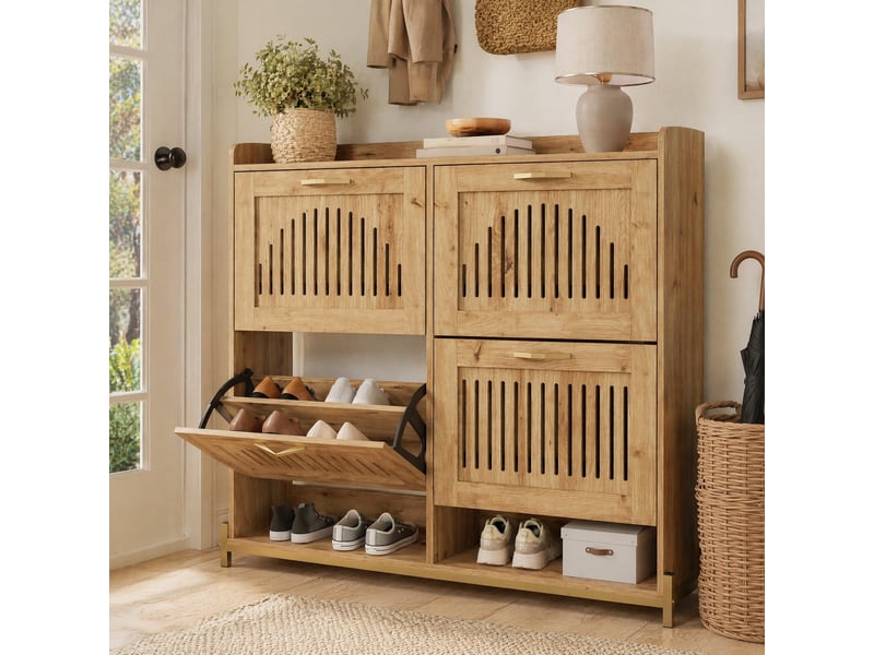  Meuble à chaussures 4 portes avec rangement pour entrée en mdf 108,5×24×100 cm bois naturel  - Conforama B