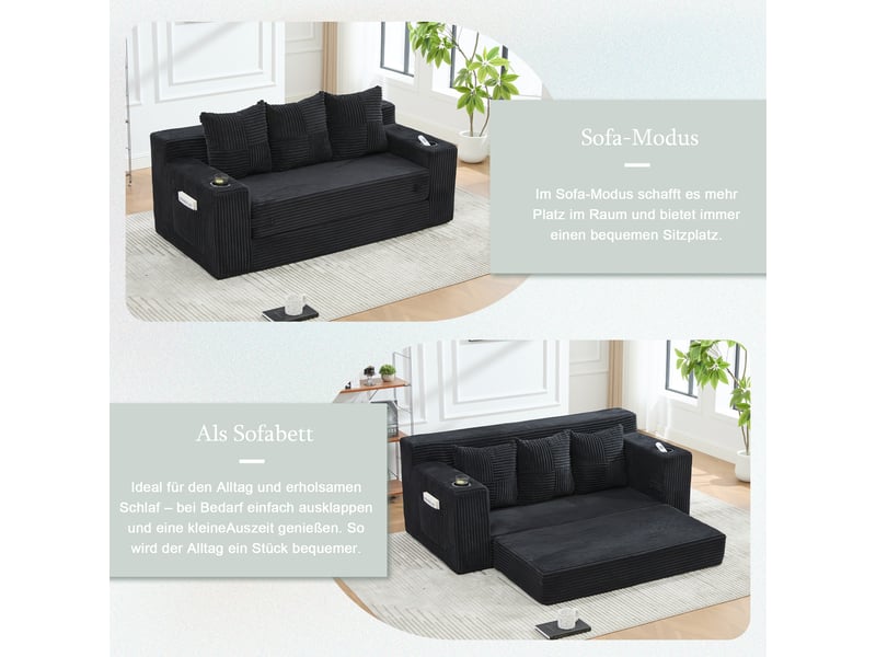 Canapé modulable 3 places 172x87 cm - assise moelleuse avec coussins rembourrés - porte-gobelets et poches latérales - velours côtelé noir - Conforama E