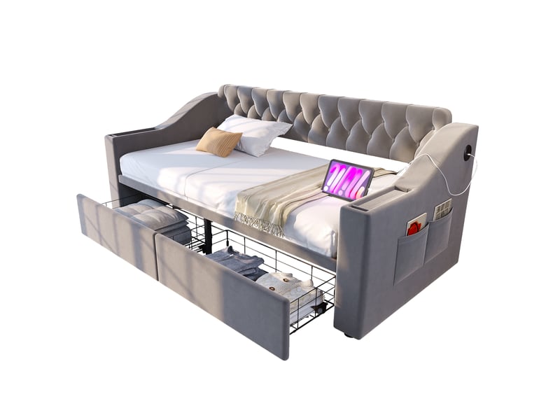  Lit canapé rembourré en velours gris clair 90x190 cm  - Conforama A