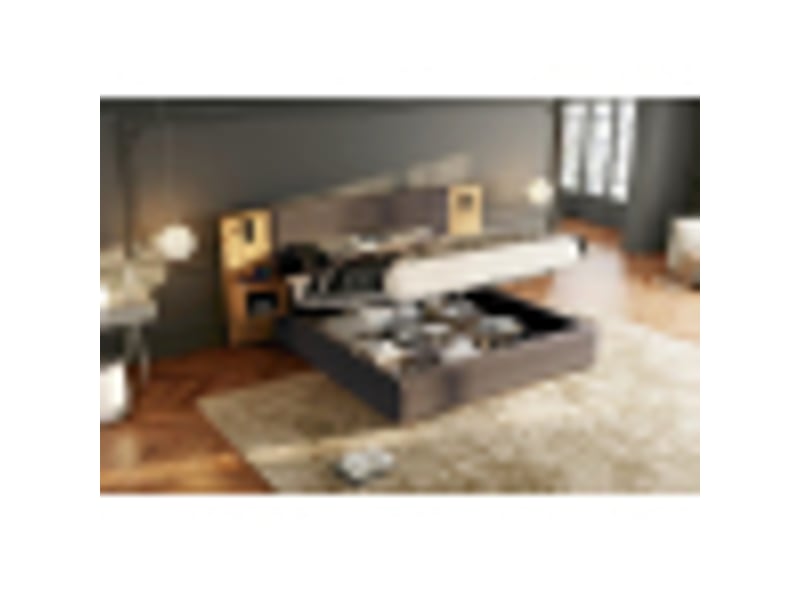  Lit double 160x200 cm avec rangement hydraulique, 2 tables de chevet, éclairage et ports usb, velours gris, sommier à lattes inclus  - Conforama E