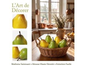 Lot de 6 fausses poires décoratives (3 jaunes, 3 vertes), fruits artificiels réalistes en mousse, faux fruit trompe-l'œil pour décoration cuisine, centre de table, corbeille et photographie