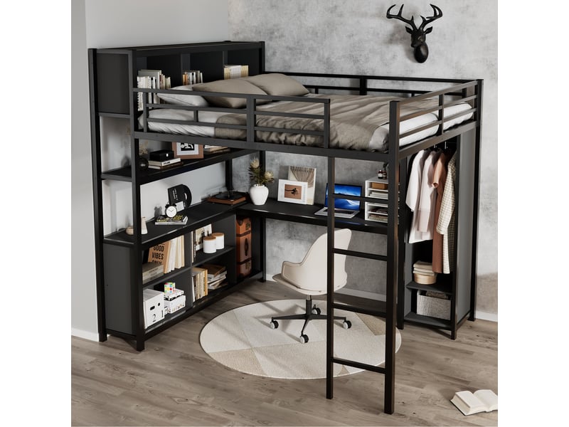 Lit mezzanine 140x200 en fer noir avec bureau, rangements et armoire  - Conforama B