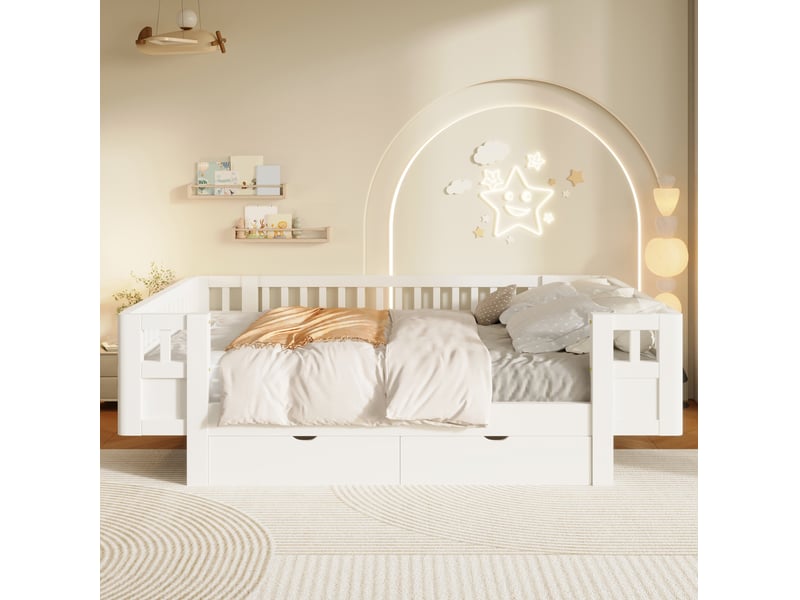  Lit enfant 140 × 200 cm avec barrières de protection et 2 tiroirs de rangement en bois et mdf blanc pour chambre  - Conforama E