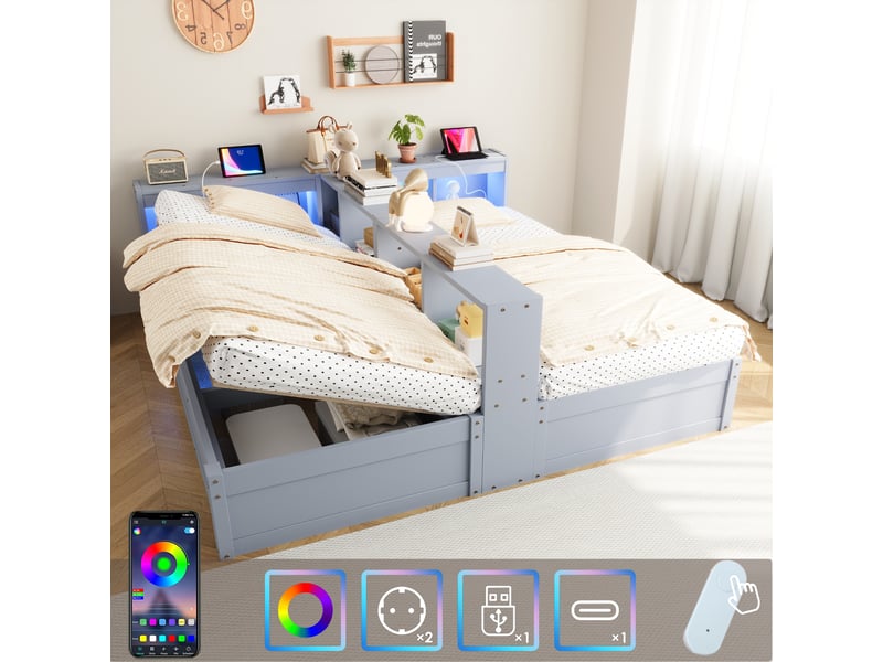 Canapé-lit 90180x200 cm, lit enfant, couchage d'appoint, rangement hydraulique, led, bois gris, prise intégrée - Conforama W