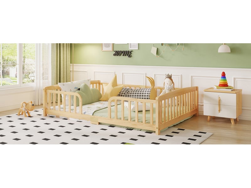  Lit au sol enfant 140x200 cm en pin naturel avec barrières de sécurité  - Conforama W