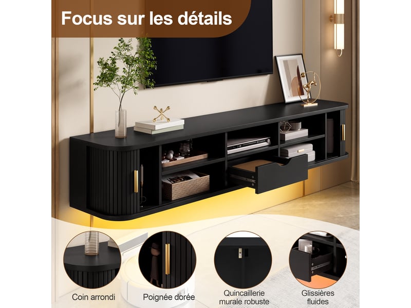  Meuble tv suspendu 175x30x30 cm, 2 portes coulissantes, 1 tiroir, étagères réglables, led par application, façade rainurée - noir  - Conforama D
