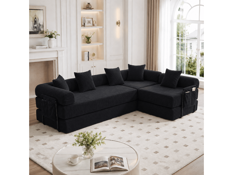  Canapé modulable noir velours côtelé avec rangement - canapé familial 270cm convertible lit d'appoint  - Conforama B