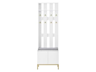 Banc d’entrée blanc, 8 patères dorées, rangement chaussures, assise, led