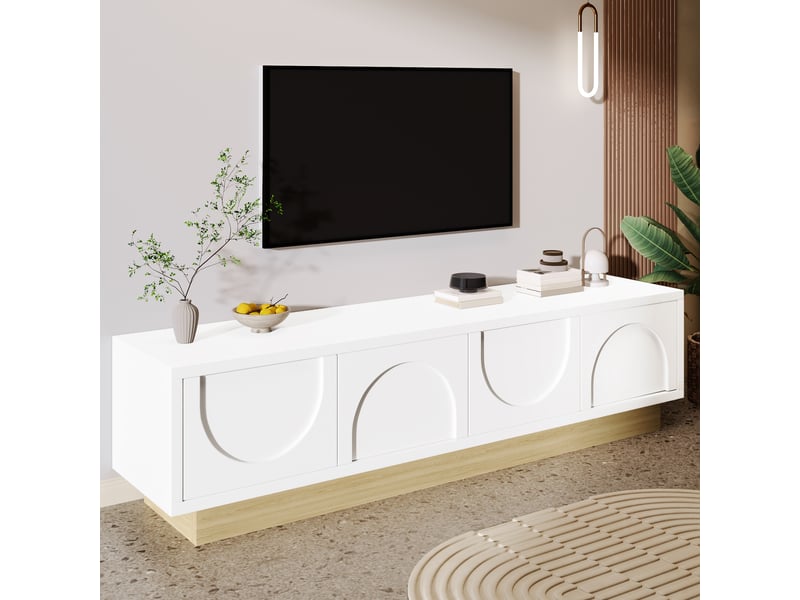  Meuble tv, 175x40x41,5 cm, effet bois, 4 portes, passe-câbles, lignes courbées, design moderne et élégant pour salon  - Conforama E