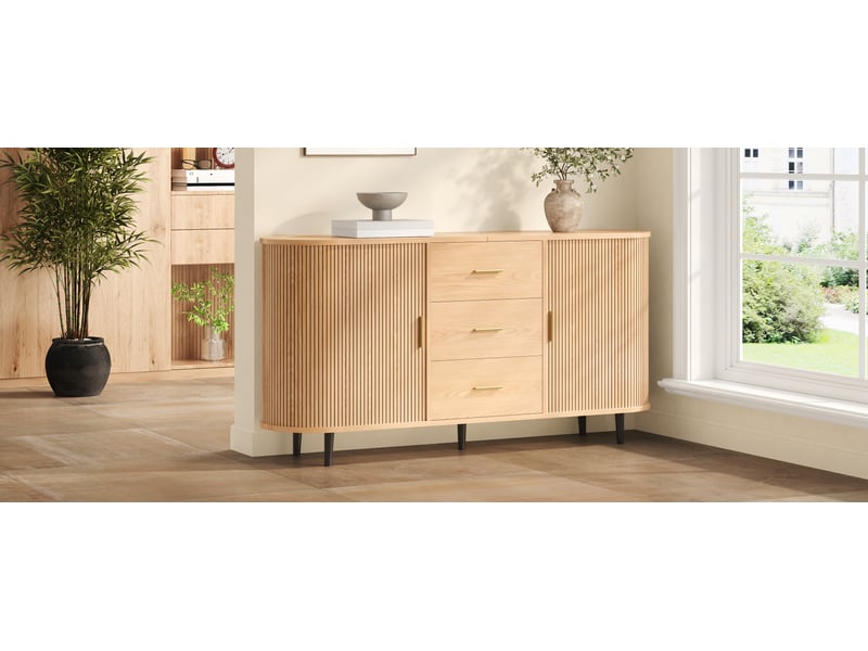 Buffet arrondi 160 cm décor bois naturel, 2 portes coulissantes, 3 tiroirs, étagères réglables et pieds en fer - Conforama B