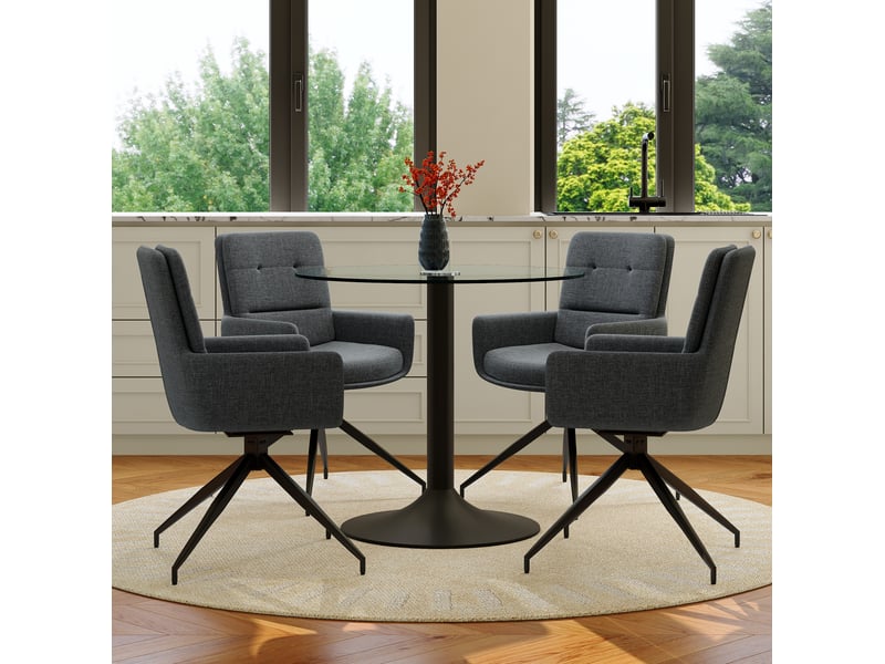  Ensemble table à manger ronde en verre trempé avec 4 chaises pivotantes 360° en tissu gris foncé et métal noir  - Conforama E