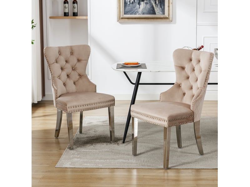  Lot de 2 chaises salle à manger 53x62,5x94,5 cm, dossier incurvé, velours beige, pieds métalliques  - Conforama D
