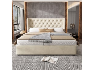 Lit coffre adulte 140x200 cm, lit double, rangement, tête de lit forme d'oreille, sommier, velours beige, sans matelas