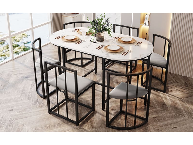 Ensemble salle à manger moderne, table blanche + 6 chaises grises – structure métal noir - Conforama E