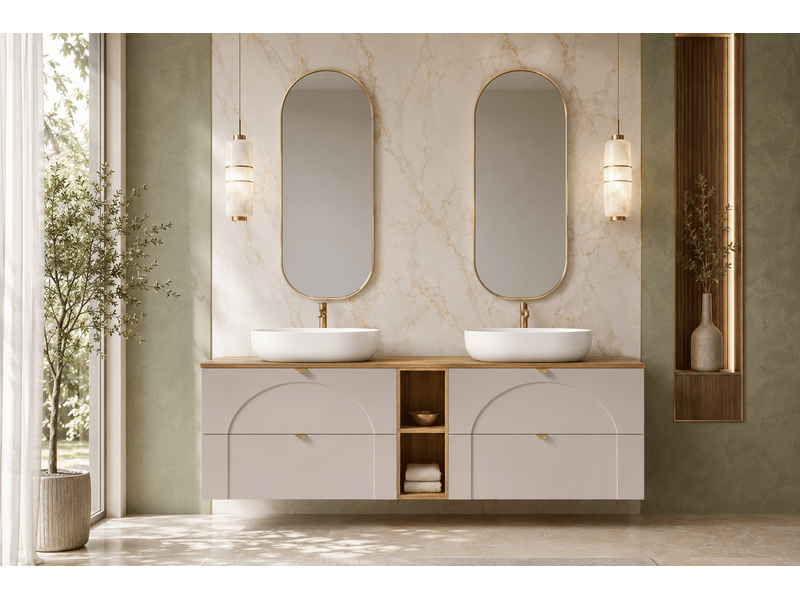 Meuble sous-vasque suspendu aura 180 cm avec étagère effet chêne craft cachemire mat k - Conforama B