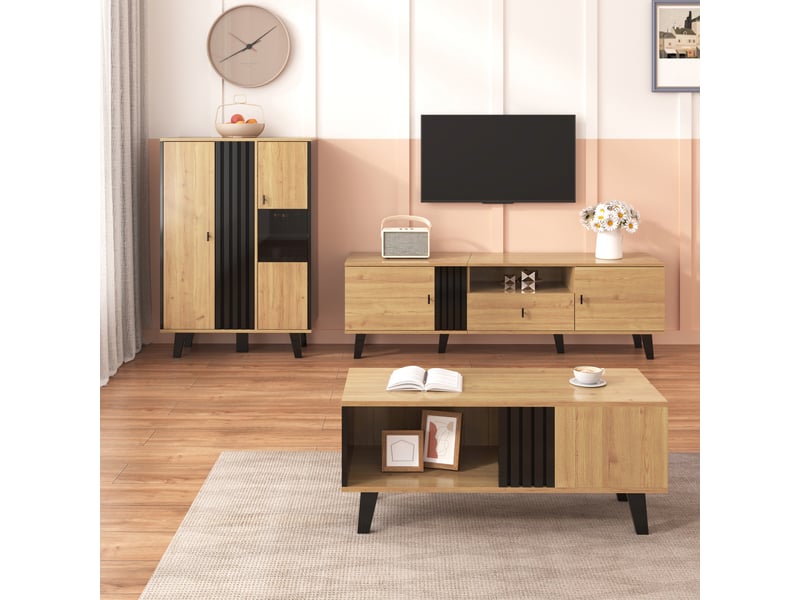  Ensemble de meubles de salon 3 pièces, table basse, meuble tv et buffet led, verre et panneaux de particules, style moderne noir et bois  - Conforama C