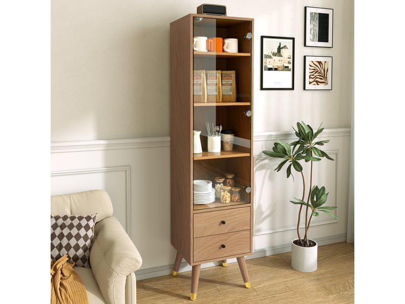  Armoire vitrine avec 3 étagères réglables et 2 tiroirs, meuble haut avec porte en verre à ouverture par pression, pour salon ou bureau, naturel Seren Glow - Conforama E