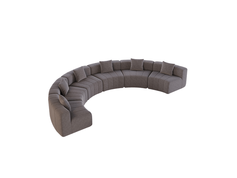Canapé modulaire 6 places en demi-cercle avec 2 coussins, assise style piano courbe en chenille gris - Conforama A