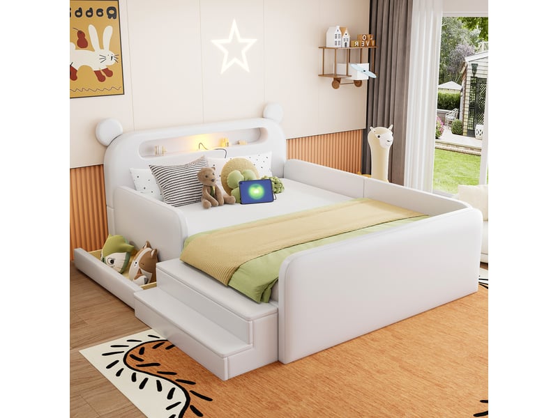 Lit enfant, 140x200 cm, avec tête de lit ours, lit 2 place, recharge, rangement, matelas non inclus, pu, coloris blanc  - Conforama B